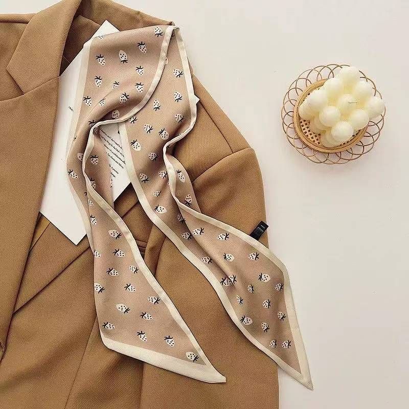 2-piece Coffee Geometry and Strawberry French Style Long Silk Scarf - Coffee  Print - Versatile Skinny Neck Ribbon, Hair Tie, Bag Handle Accessory, Elegant Office Wear, Lightweight Polyester
