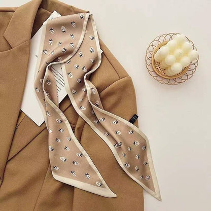 2-piece Coffee Geometry and Strawberry French Style Long Silk Scarf - Coffee  Print - Versatile Skinny Neck Ribbon, Hair Tie, Bag Handle Accessory, Elegant Office Wear, Lightweight Polyester