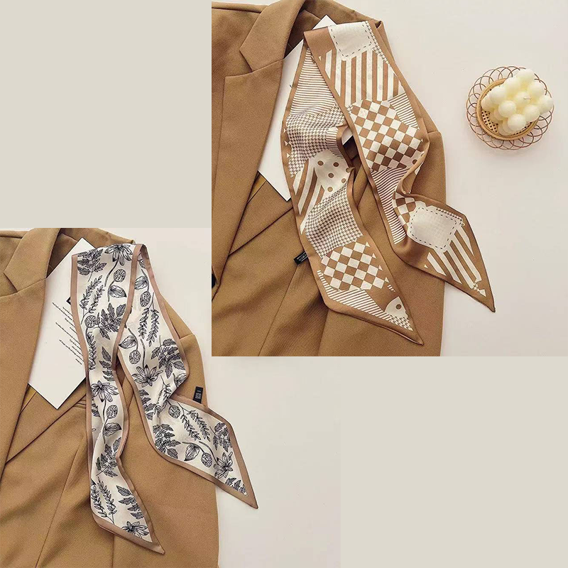 2-piece Coffee Geometry and Pencil Drawing French Style Long Silk Scarf - Coffee  Print - Versatile Skinny Neck Ribbon, Hair Tie, Bag Handle Accessory, Elegant Office Wear, Lightweight Polyester