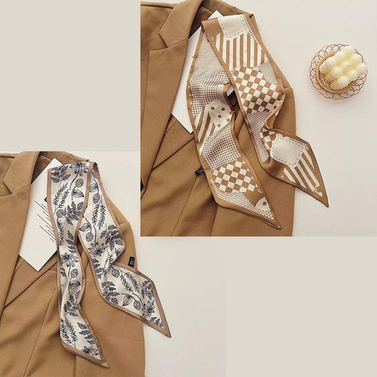 2-piece Coffee Geometry and Pencil Drawing French Style Long Silk Scarf - Coffee  Print - Versatile Skinny Neck Ribbon, Hair Tie, Bag Handle Accessory, Elegant Office Wear, Lightweight Polyester