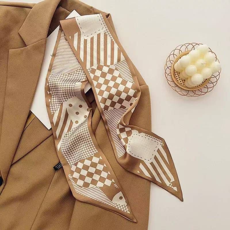 2-piece Coffee Geometry and Pencil Drawing French Style Long Silk Scarf - Coffee  Print - Versatile Skinny Neck Ribbon, Hair Tie, Bag Handle Accessory, Elegant Office Wear, Lightweight Polyester