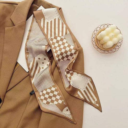 2-piece Coffee Geometry and Pencil Drawing French Style Long Silk Scarf - Coffee  Print - Versatile Skinny Neck Ribbon, Hair Tie, Bag Handle Accessory, Elegant Office Wear, Lightweight Polyester