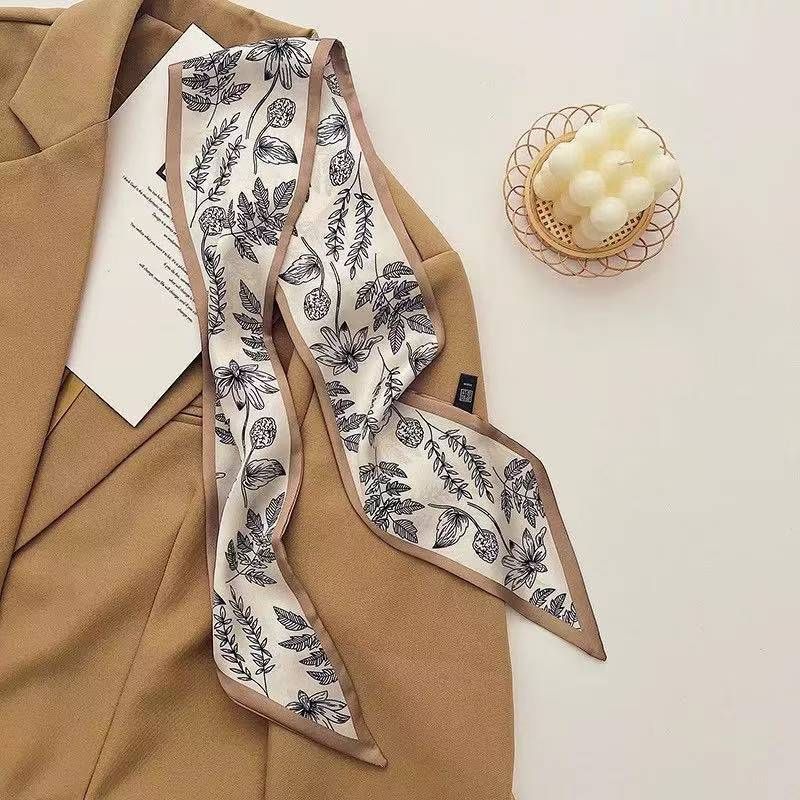 2-piece Coffee Geometry and Pencil Drawing French Style Long Silk Scarf - Coffee  Print - Versatile Skinny Neck Ribbon, Hair Tie, Bag Handle Accessory, Elegant Office Wear, Lightweight Polyester