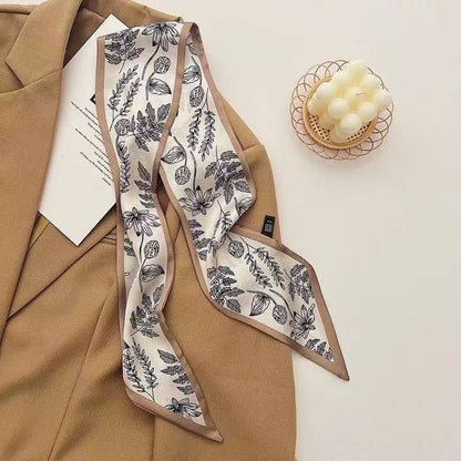 2-piece Coffee Geometry and Pencil Drawing French Style Long Silk Scarf - Coffee  Print - Versatile Skinny Neck Ribbon, Hair Tie, Bag Handle Accessory, Elegant Office Wear, Lightweight Polyester
