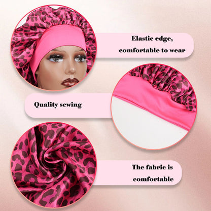 Aquarius -Rose Red Leopard Print Satin Sleep Bonnet -  Large Size Hair Protection Cap with Elastic Band, Soft Lined for Curly Hair, Night Wear and Spa Use