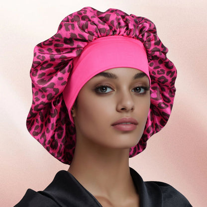 Aries-Rose Red Leopard Print Satin Sleep Bonnet -  Large Size Hair Protection Cap with Elastic Band, Soft Lined for Curly Hair, Night Wear and Spa Use