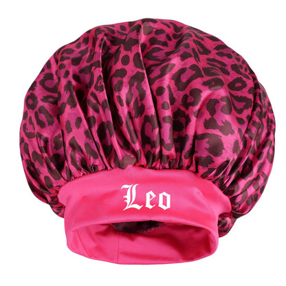 Leo -Rose Red Leopard Print Satin Sleep Bonnet -  Large Size Hair Protection Cap with Elastic Band, Soft Lined for Curly Hair, Night Wear and Spa Use