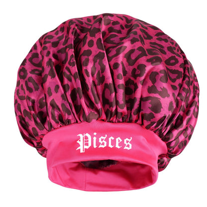 Pisces -Rose Red Leopard Print Satin Sleep Bonnet -  Large Size Hair Protection Cap with Elastic Band, Soft Lined for Curly Hair, Night Wear and Spa Use