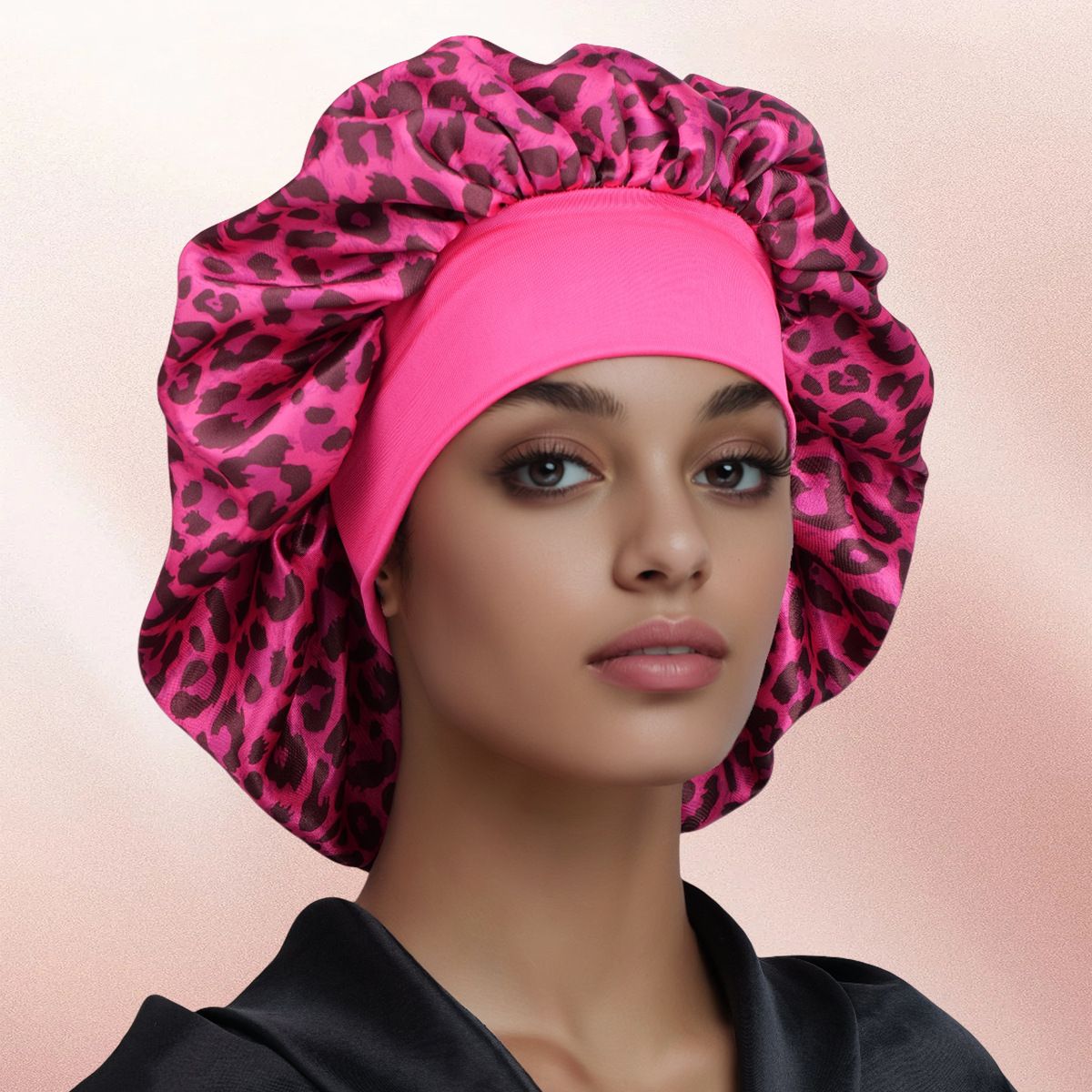 Pisces -Rose Red Leopard Print Satin Sleep Bonnet -  Large Size Hair Protection Cap with Elastic Band, Soft Lined for Curly Hair, Night Wear and Spa Use