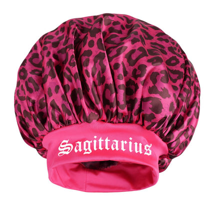Sagittarius -Rose Red Leopard Print Satin Sleep Bonnet -  Large Size Hair Protection Cap with Elastic Band, Soft Lined for Curly Hair, Night Wear and Spa Use