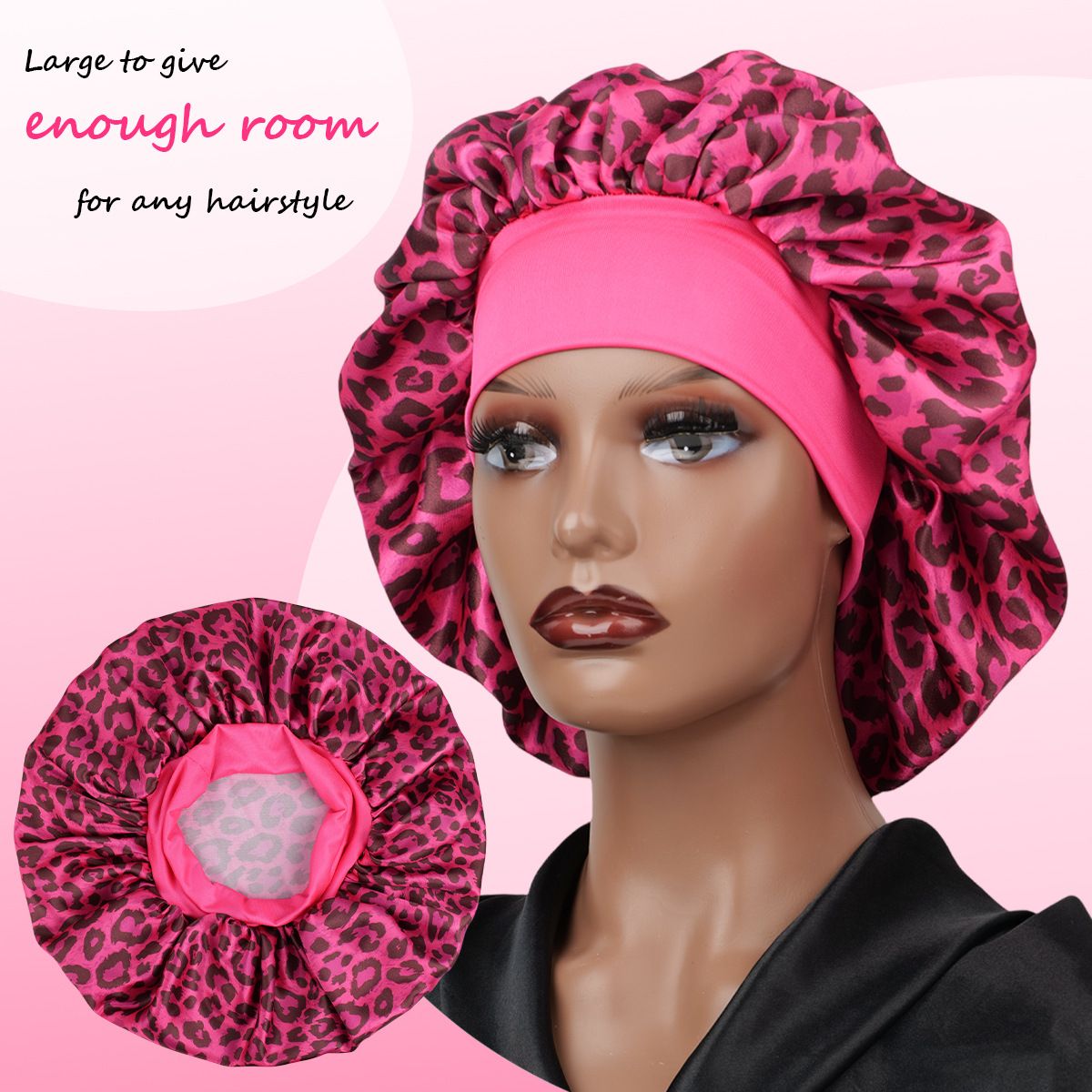 Virgo -Rose Red Leopard Print Satin Sleep Bonnet -  Large Size Hair Protection Cap with Elastic Band, Soft Lined for Curly Hair, Night Wear and Spa Use