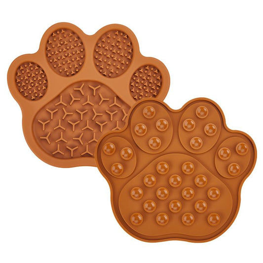 Brown Silicone Slow Feeder Lick Mat for Dogs and Cats - Paw Shaped Non Slip Pet Bowl with Suction Cups - BPA Free, Dishwasher Safe, Freezer Safe, Anxiety Relief, Easy Clean, 20x17cm - Pink, Brown, Yellow