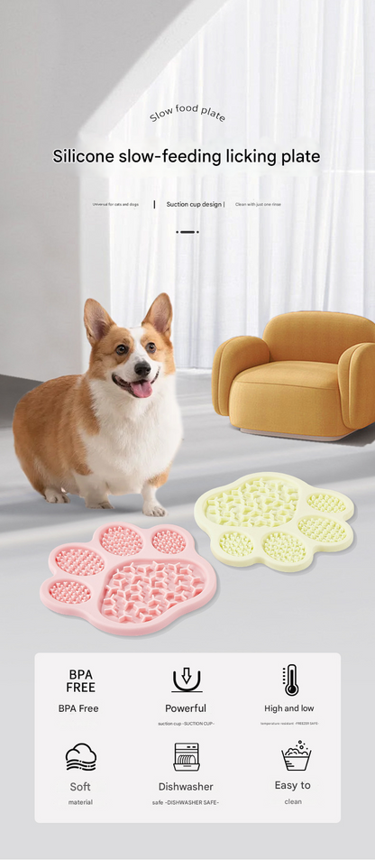 Brown Silicone Slow Feeder Lick Mat for Dogs and Cats - Paw Shaped Non Slip Pet Bowl with Suction Cups - BPA Free, Dishwasher Safe, Freezer Safe, Anxiety Relief, Easy Clean, 20x17cm - Pink, Brown, Yellow