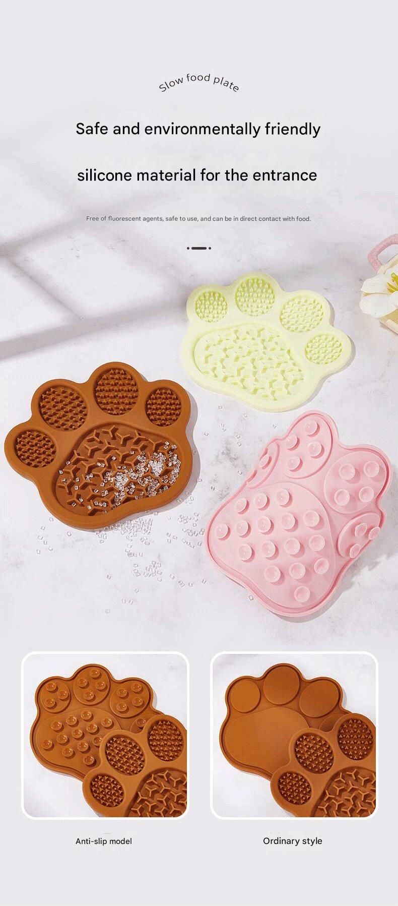 Brown Silicone Slow Feeder Lick Mat for Dogs and Cats - Paw Shaped Non Slip Pet Bowl with Suction Cups - BPA Free, Dishwasher Safe, Freezer Safe, Anxiety Relief, Easy Clean, 20x17cm - Pink, Brown, Yellow