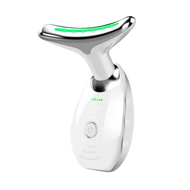 White Neck and Face Massager - 3 Colour Light Therapy, EMS Microcurrent, Vibration & Heat - Rechargeable Anti-Ageing Device for Wrinkles, Neck Lines, Jawline & Skin Tightening - Portable Home Beauty Tool