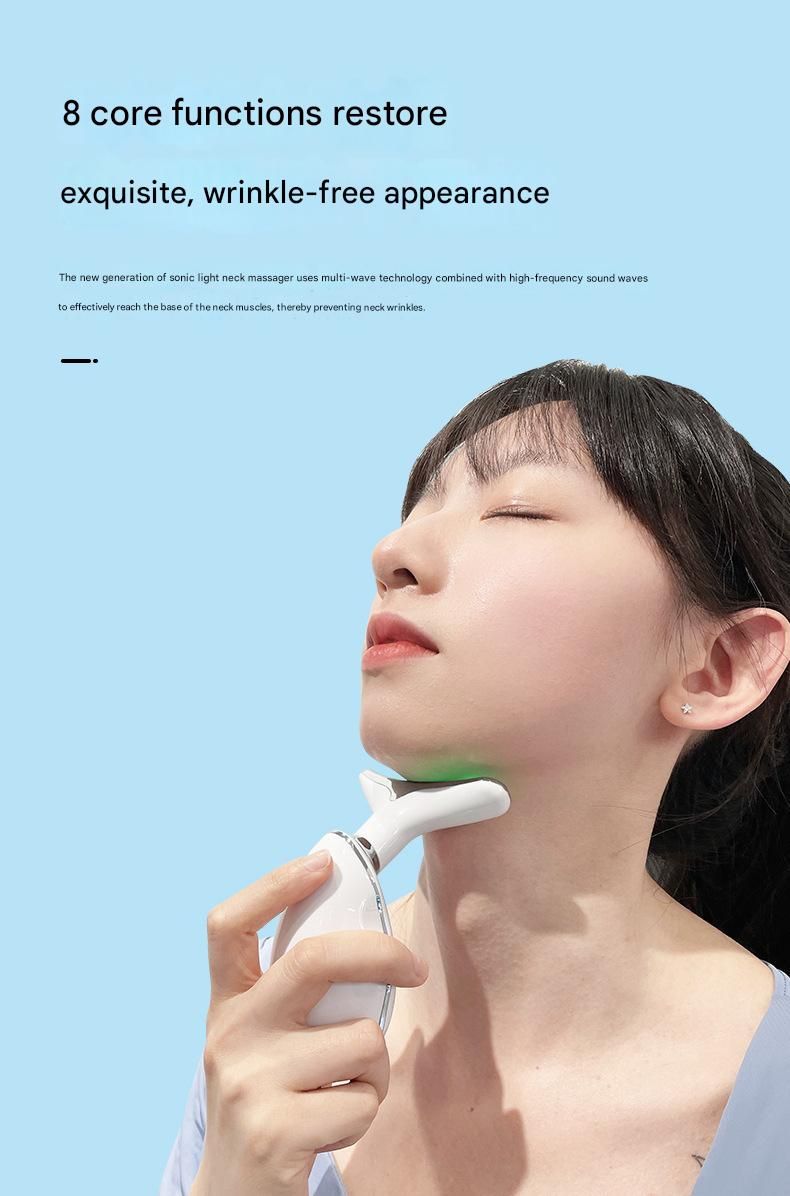 White Neck and Face Massager - 3 Colour Light Therapy, EMS Microcurrent, Vibration & Heat - Rechargeable Anti-Ageing Device for Wrinkles, Neck Lines, Jawline & Skin Tightening - Portable Home Beauty Tool