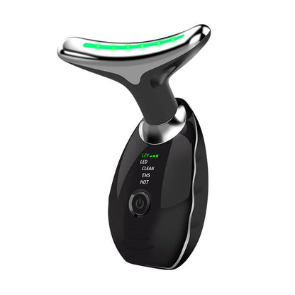 Black Neck and Face Massager - 3 Colour Light Therapy, EMS Microcurrent, Vibration & Heat - Rechargeable Anti-Ageing Device for Wrinkles, Neck Lines, Jawline & Skin Tightening - Portable Home Beauty Tool