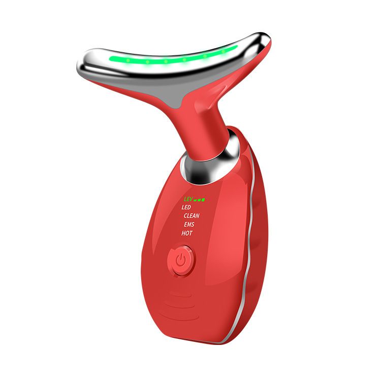 Red Neck and Face Massager - 3 Colour Light Therapy, EMS Microcurrent, Vibration & Heat - Rechargeable Anti-Ageing Device for Wrinkles, Neck Lines, Jawline & Skin Tightening - Portable Home Beauty Tool