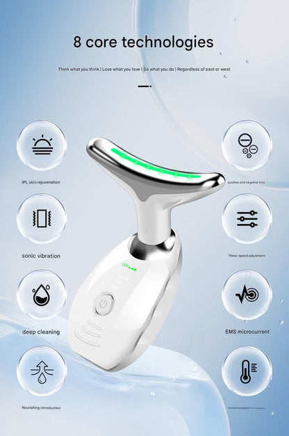 Pink Neck and Face Massager - 3 Colour Light Therapy, EMS Microcurrent, Vibration & Heat - Rechargeable Anti-Ageing Device for Wrinkles, Neck Lines, Jawline & Skin Tightening - Portable Home Beauty Tool