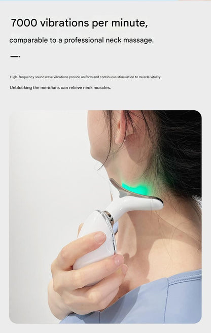 Pink Neck and Face Massager - 3 Colour Light Therapy, EMS Microcurrent, Vibration & Heat - Rechargeable Anti-Ageing Device for Wrinkles, Neck Lines, Jawline & Skin Tightening - Portable Home Beauty Tool