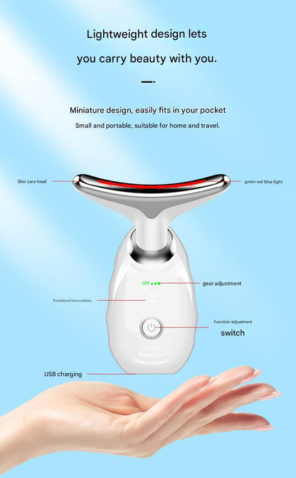 Pink Neck and Face Massager - 3 Colour Light Therapy, EMS Microcurrent, Vibration & Heat - Rechargeable Anti-Ageing Device for Wrinkles, Neck Lines, Jawline & Skin Tightening - Portable Home Beauty Tool
