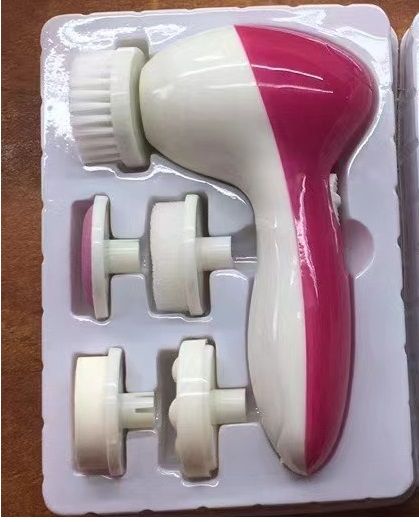 Pink 5-in-1 Electric Facial Cleansing Brush - Rotating Face Scrubber with 5 Interchangeable Heads for Deep Pore Cleaning, Exfoliating & Massaging - Battery Operated (2 x AA, Not Included)