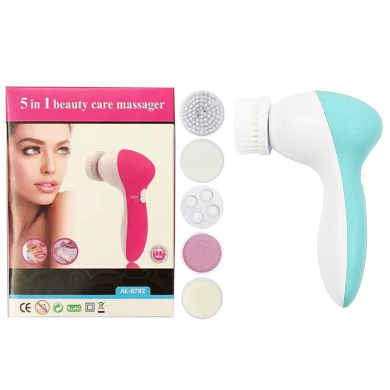 Green 5-in-1 Electric Facial Cleansing Brush - Rotating Face Scrubber with 5 Interchangeable Heads for Deep Pore Cleaning, Exfoliating & Massaging - Battery Operated (2 x AA, Not Included)