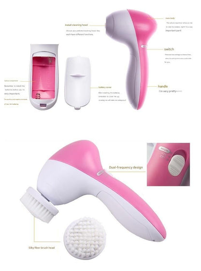 Green 5-in-1 Electric Facial Cleansing Brush - Rotating Face Scrubber with 5 Interchangeable Heads for Deep Pore Cleaning, Exfoliating & Massaging - Battery Operated (2 x AA, Not Included)