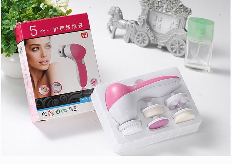 Green 5-in-1 Electric Facial Cleansing Brush - Rotating Face Scrubber with 5 Interchangeable Heads for Deep Pore Cleaning, Exfoliating & Massaging - Battery Operated (2 x AA, Not Included)