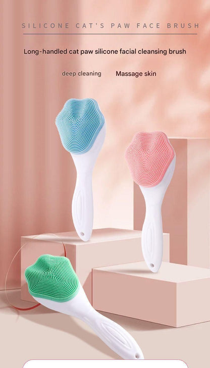 Pink Silicone Cat Paw Face Brush - Long Handle Manual Facial Cleanser for Deep Pore Cleaning, Exfoliating & Massaging - Soft Bristles for Blackhead Removal, Gentle on Skin, Travel Friendly