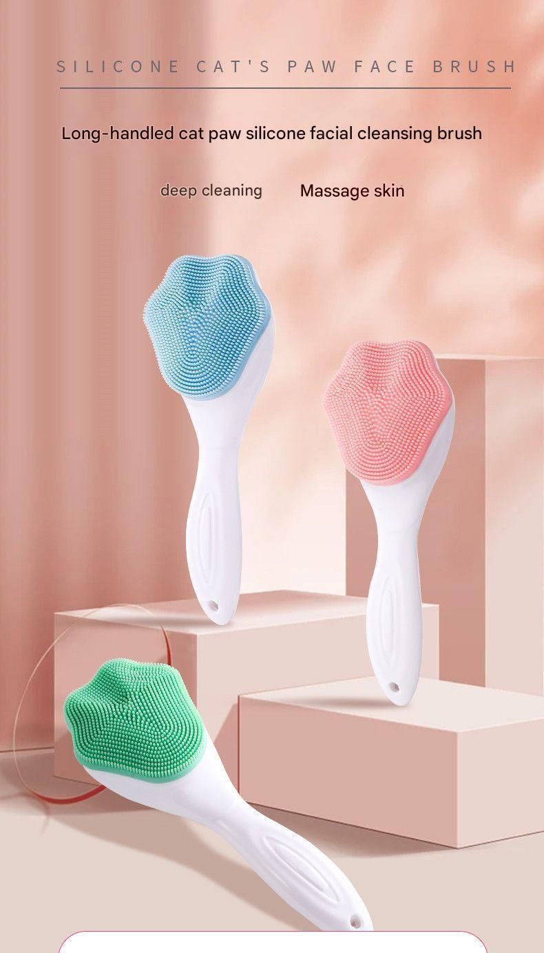 Green Silicone Cat Paw Face Brush - Long Handle Manual Facial Cleanser for Deep Pore Cleaning, Exfoliating & Massaging - Soft Bristles for Blackhead Removal, Gentle on Skin, Travel Friendly