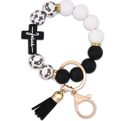 Black and White Silicone Bead Keychain with Cross Charm, Rhinestone Ring &short  Tassel - Religious Silicone Beaded Key Ring, Lightweight & Durable