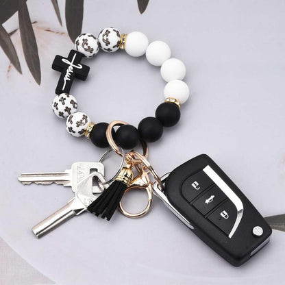 Black and White Silicone Bead Keychain with Cross Charm, Rhinestone Ring &short  Tassel - Religious Silicone Beaded Key Ring, Lightweight & Durable