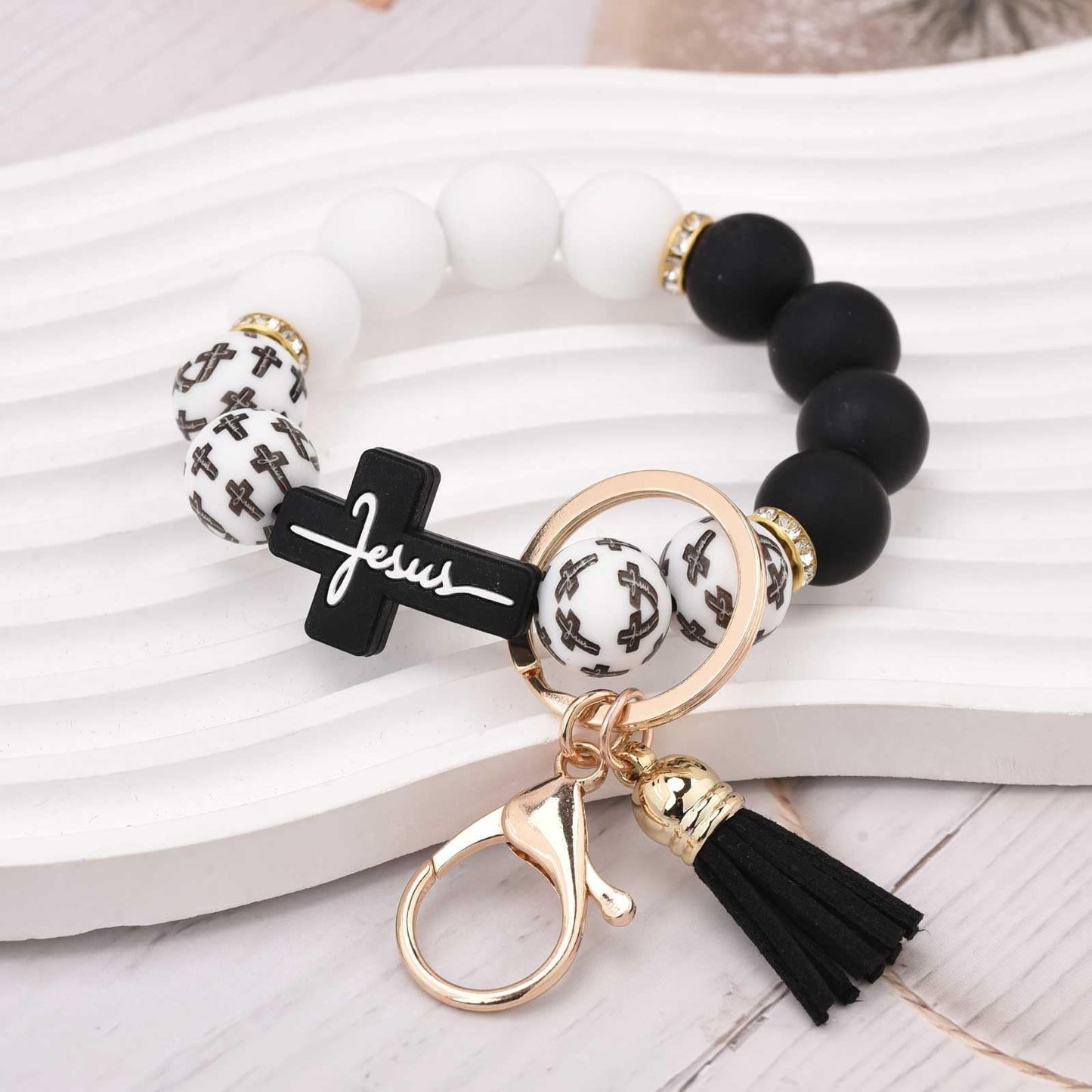 Black and White Silicone Bead Keychain with Cross Charm, Rhinestone Ring &short  Tassel - Religious Silicone Beaded Key Ring, Lightweight & Durable