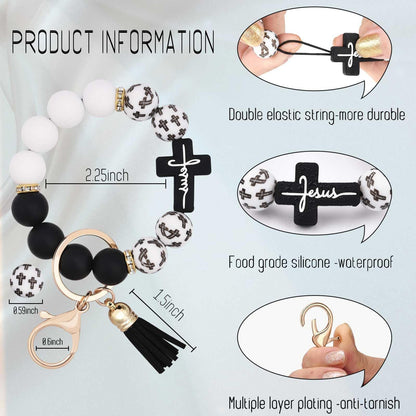 Black and White Silicone Bead Keychain with Cross Charm, Rhinestone Ring &short  Tassel - Religious Silicone Beaded Key Ring, Lightweight & Durable