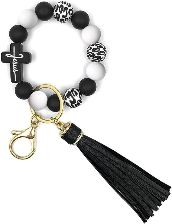 Black and White Silicone Bead Keychain Bracelet with Cross Charm and Tassel - Black, White, Teal, Leopard Print - Fashion Wristlet Key Ring for Women, Gift Friendly