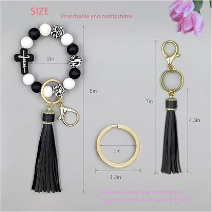 Black and White Silicone Bead Keychain Bracelet with Cross Charm and Tassel - Black, White, Teal, Leopard Print - Fashion Wristlet Key Ring for Women, Gift Friendly