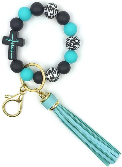 Black and Green Silicone Bead Keychain Bracelet with Cross Charm and Tassel - Black, White, Teal, Leopard Print - Fashion Wristlet Key Ring for Women, Gift Friendly