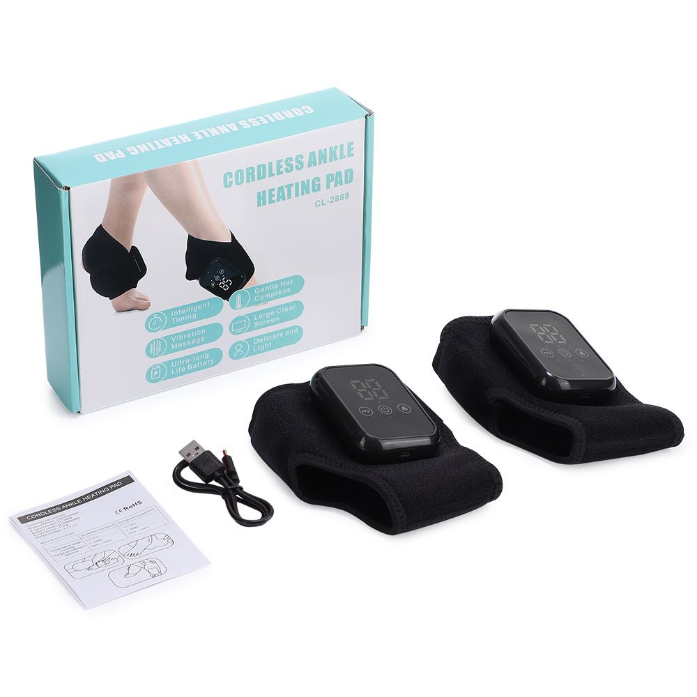 Black 2-piece Wireless Electric Ankle Massager with Heat and Vibration - 3 Heating Levels, 3 Vibration Modes, 15 Min Timer, 2000mAh Rechargeable Battery - Cordless Foot and Ankle Pain Relief Wrap for Men and Women