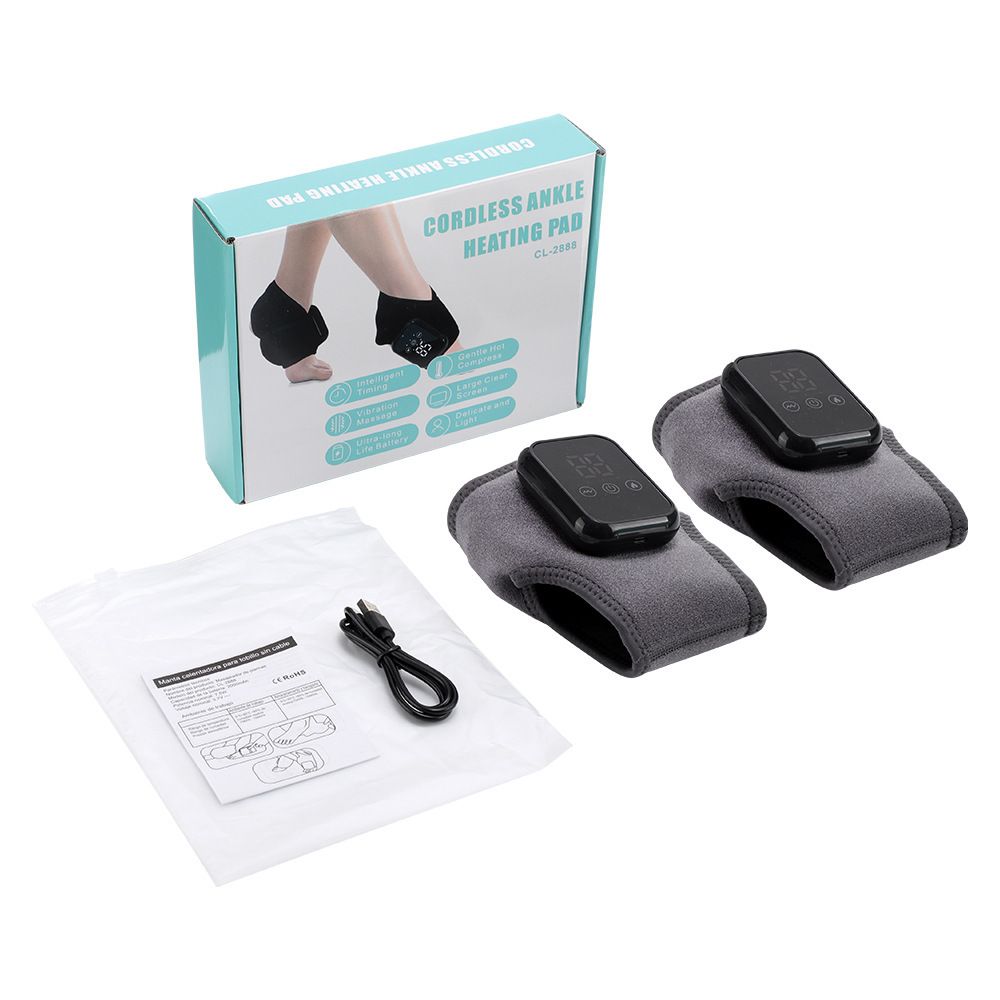 Grey 2-piece Wireless Electric Ankle Massager with Heat and Vibration - 3 Heating Levels, 3 Vibration Modes, 15 Min Timer, 2000mAh Rechargeable Battery - Cordless Foot and Ankle Pain Relief Wrap for Men and Women