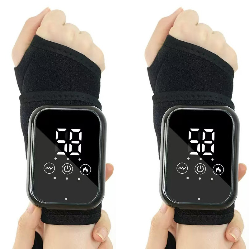 Black 2-piece Electric Heating Wrist Massager with Vibration and Hot Compress - 3 Heat Levels, 3 Vibration Modes, 15 Min Auto Shutoff, Rechargeable - Cordless Wrist Pain Relief Wrap for Office, Sports Recovery, and Daily Care