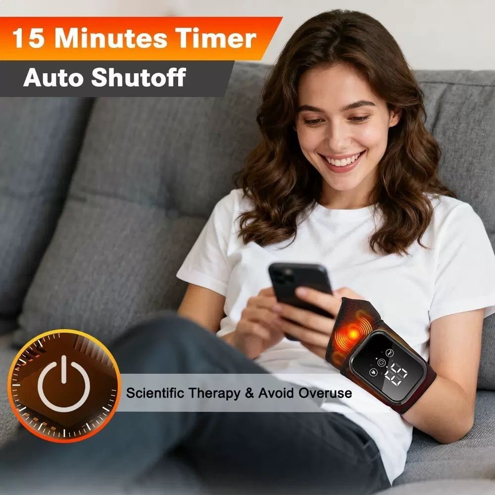 Black 2-piece Electric Heating Wrist Massager with Vibration and Hot Compress - 3 Heat Levels, 3 Vibration Modes, 15 Min Auto Shutoff, Rechargeable - Cordless Wrist Pain Relief Wrap for Office, Sports Recovery, and Daily Care