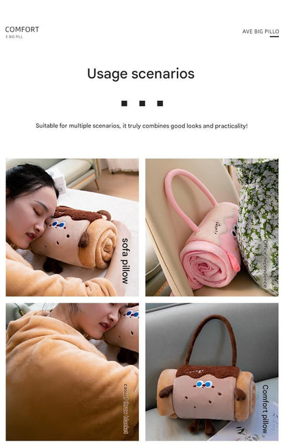 Brown Puppy 100*170cm Cartoon Hand-Carry Roll-Up Blanket - Plush Flannel Nap Blanket with Pillow Function, Portable Office & Travel Throw for Home, Car, and Sofa Use - Soft, Machine Washable, Multi-Scene Use