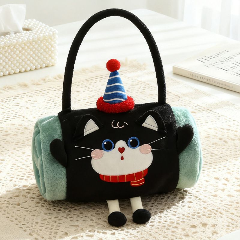 Black Cat 80*100cm Cartoon Hand-Carry Roll-Up Blanket - Plush Flannel Nap Blanket with Pillow Function, Portable Office & Travel Throw for Home, Car, and Sofa Use - Soft, Machine Washable, Multi-Scene Use