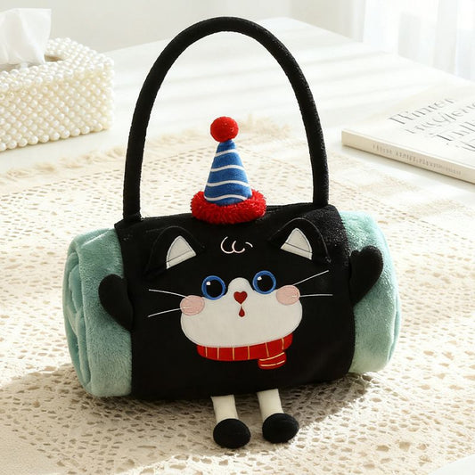 Black Cat 100*170cm Cartoon Hand-Carry Roll-Up Blanket - Plush Flannel Nap Blanket with Pillow Function, Portable Office & Travel Throw for Home, Car, and Sofa Use - Soft, Machine Washable, Multi-Scene Use