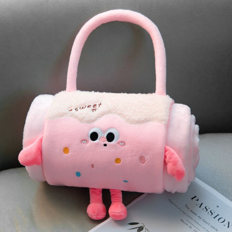 Pink 80*100cm Cartoon Hand-Carry Roll-Up Blanket - Plush Flannel Nap Blanket with Pillow Function, Portable Office & Travel Throw for Home, Car, and Sofa Use - Soft, Machine Washable, Multi-Scene Use
