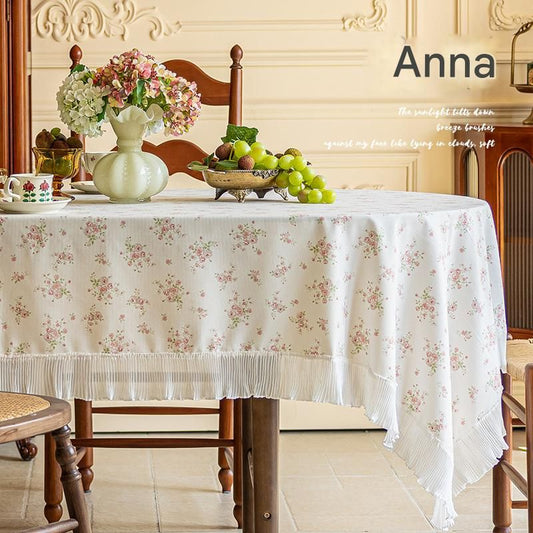 cream-colored 135*135 Dimensions include lace French Vintage Tablecloth - Pearl Yarn Polyester with Pleated Ruffle Edge - Floral Print Table Cover for Dining, Coffee Table, Bedside, Home Decor, Party, Gift Ready