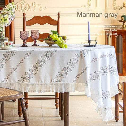 Grey 90*90 Dimensions include lace French Vintage Tablecloth - Pearl Yarn Polyester with Pleated Ruffle Edge - Floral Print Table Cover for Dining, Coffee Table, Bedside, Home Decor, Party, Gift Ready
