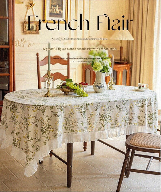 Grey 135*200 Dimensions include lace French Vintage Tablecloth - Pearl Yarn Polyester with Pleated Ruffle Edge - Floral Print Table Cover for Dining, Coffee Table, Bedside, Home Decor, Party, Gift Ready
