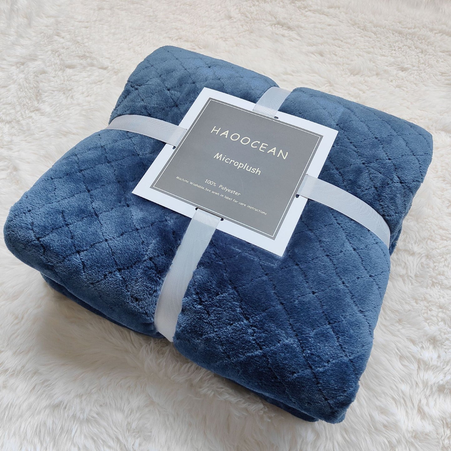 Blue 150*200cm Flannel Fleece Blanket - Quilted Diamond Pattern, Soft & Warm Polyester Throw for Office Nap, Sofa, Travel & Bed Use